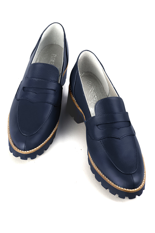 Navy blue women's casual loafers. Round toe. Low rubber soles. Top view - Florence KOOIJMAN